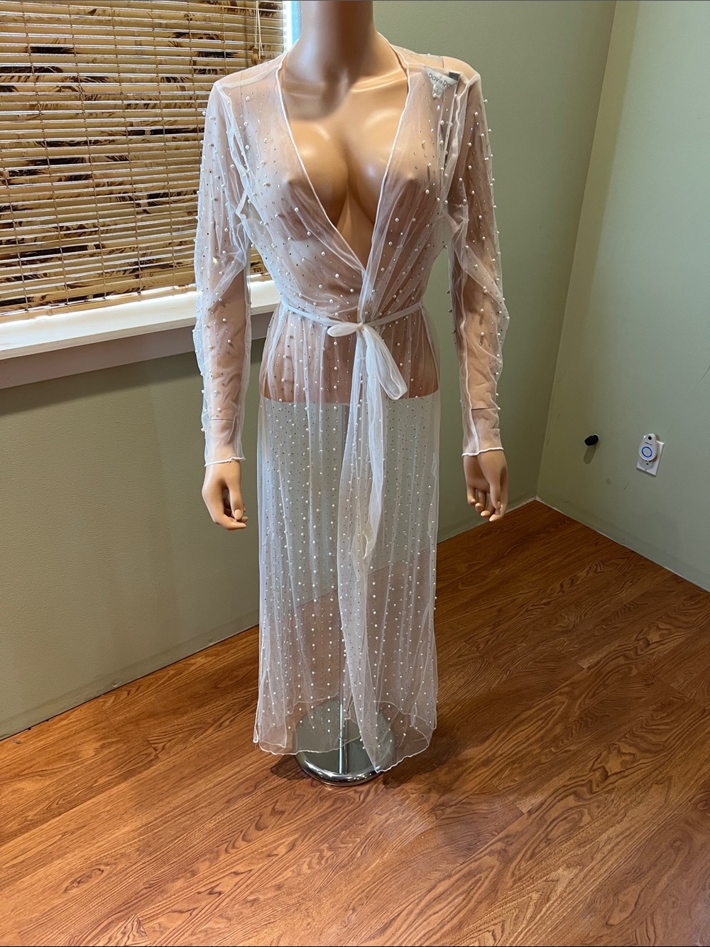 Sheer White Rhinestone and Pearl Long Robe with Tie Belt Size L
